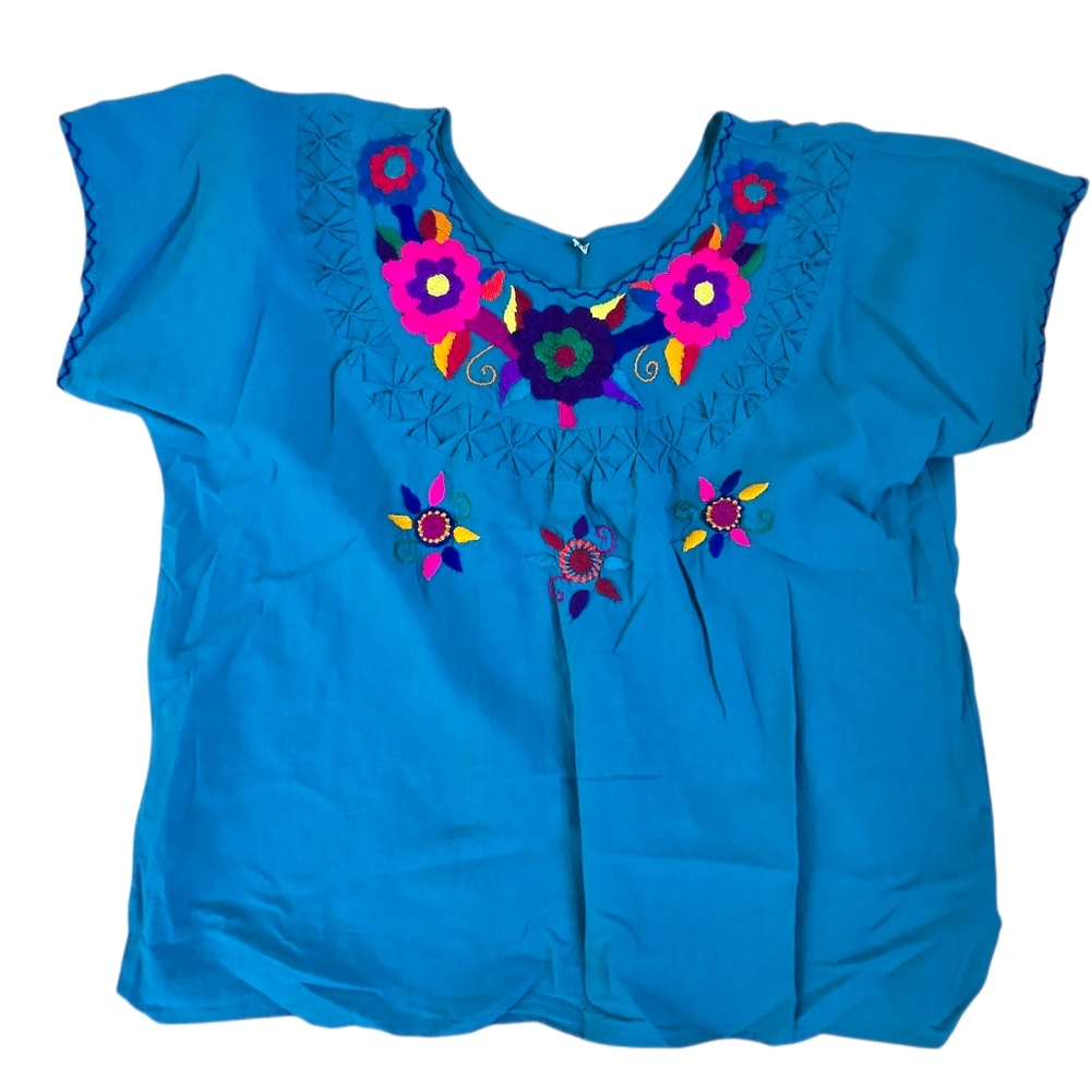 Blue Square Neck Short Sleeve Blouse With Bold Floral Embroidery Size L